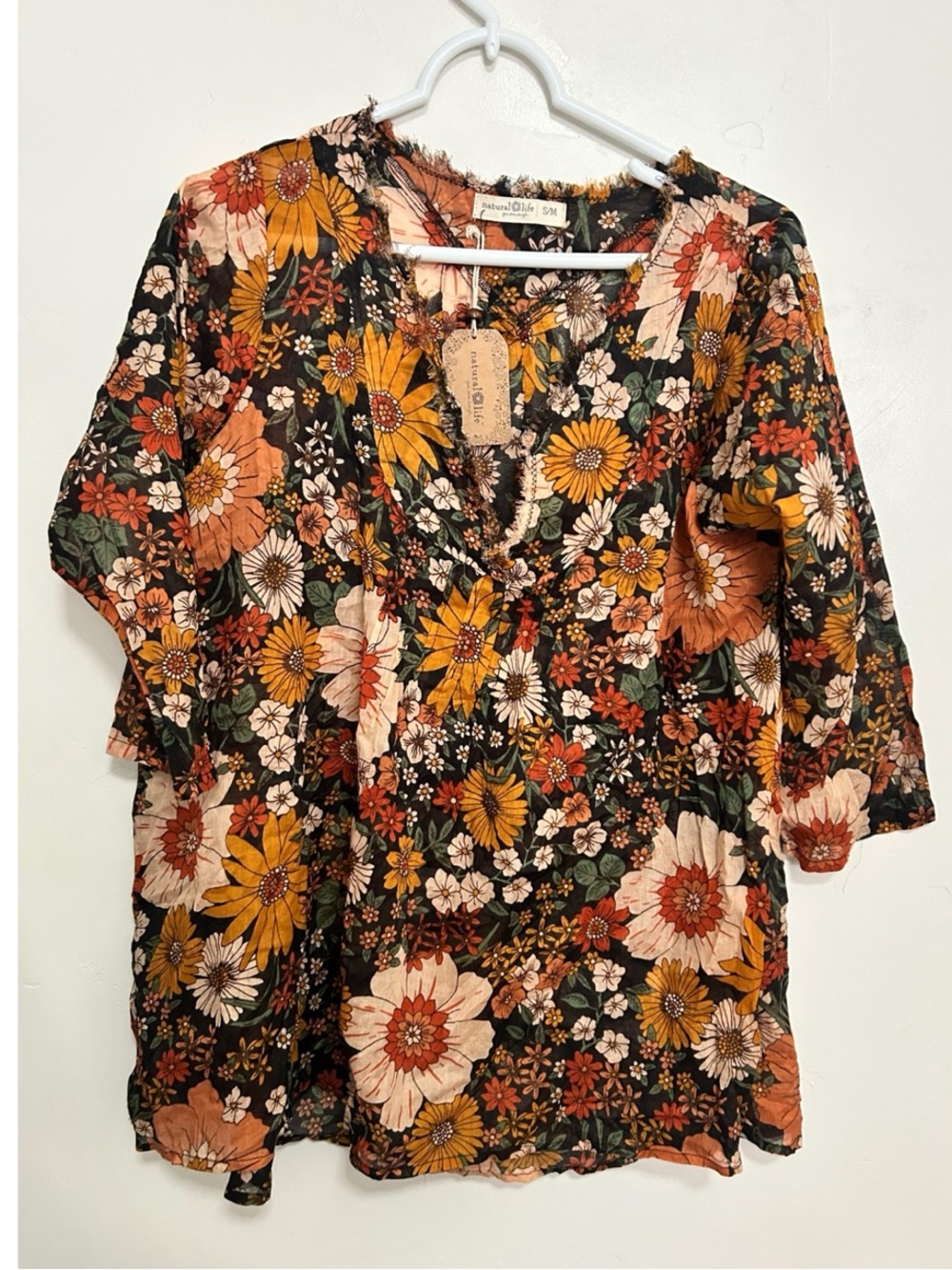 Natural Life Womens Boho Floral Cotton Tunic Top Split V-Neck Fringe S/M New